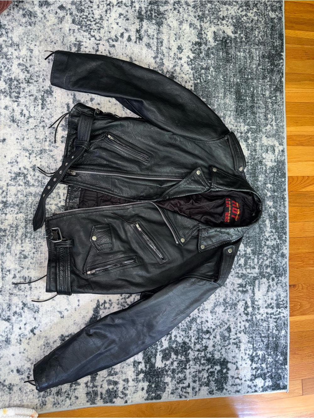 Vintage Hot Leathers Black Leather Biker Motorcycle Jacket Size 50 Harley Patch